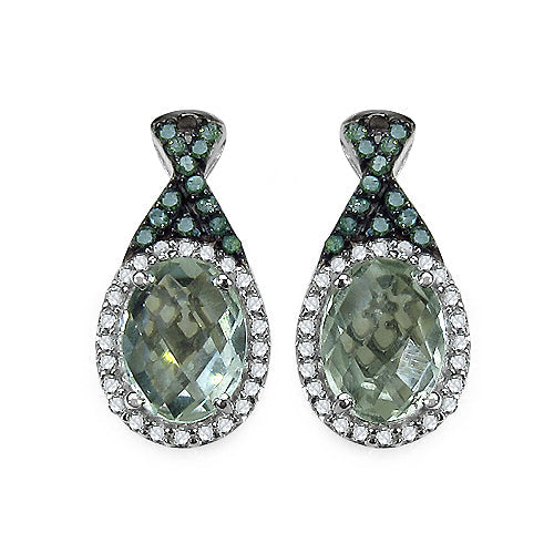 2.55 Carat Genuine Green Amethyst, Green Diamond & White Diamond .925 Sterling Silver Earrings Bids.com