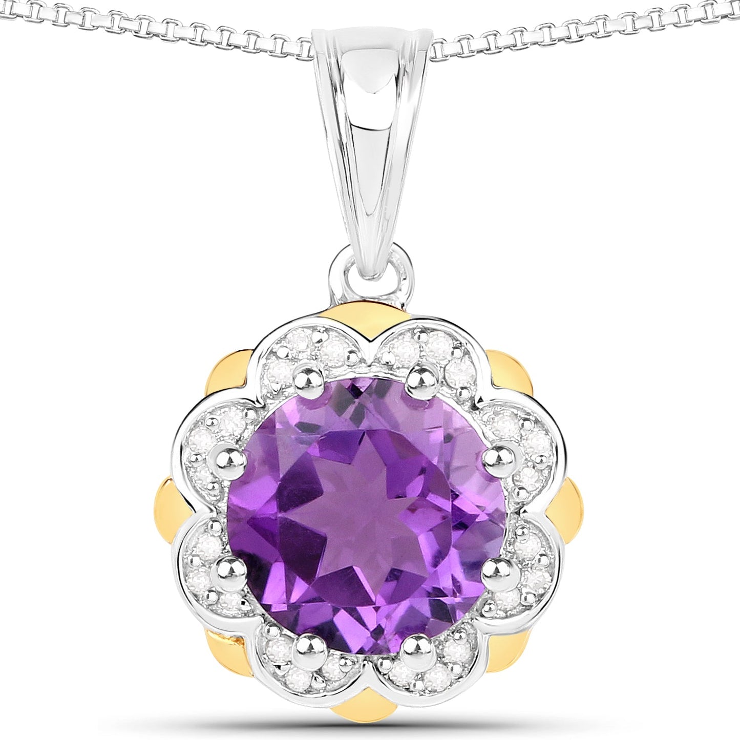 1.87 Carat Genuine Amethyst and White Diamond 14K Yellow Gold with .925 Sterling Silver Pendant Bids.com
