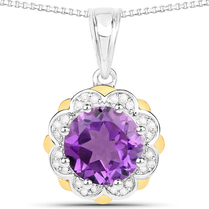 1.87 Carat Genuine Amethyst and White Diamond 14K Yellow Gold with .925 Sterling Silver Pendant Bids.com