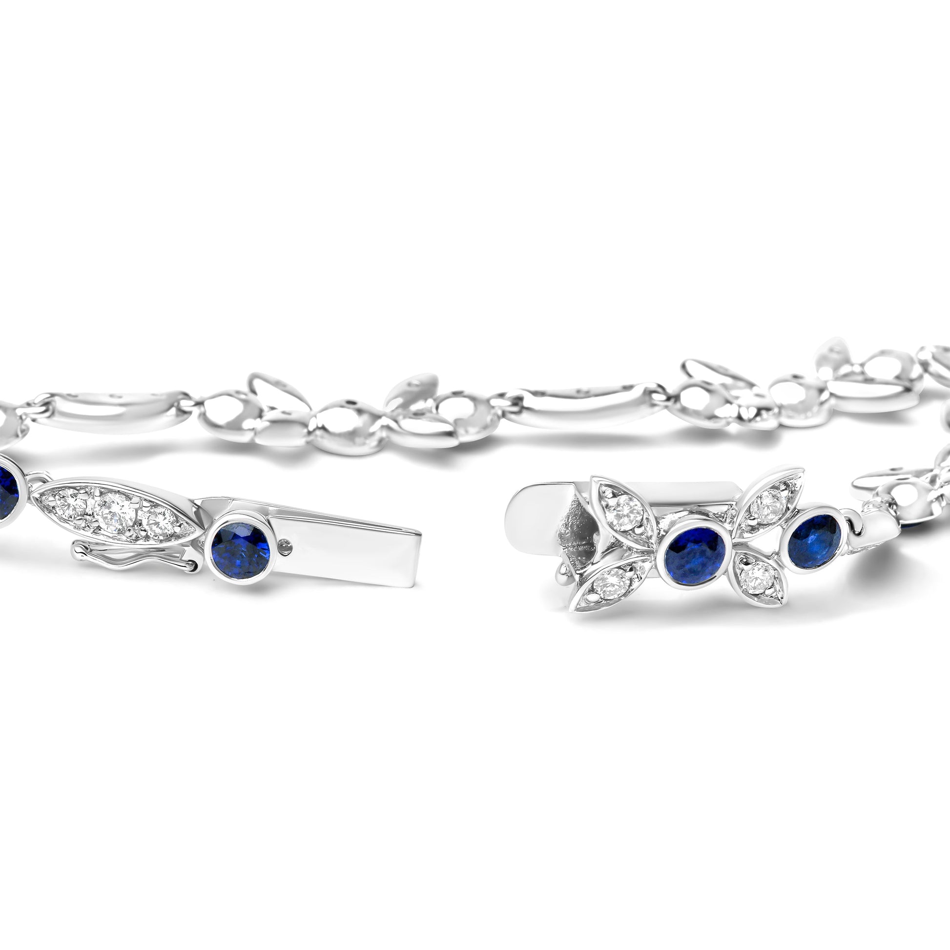 18K White Gold 1 3/4 Cttw Diamond and 3x3mm Round Blue Sapphire Gemstone Floral Link Bracelet (G-H Color, SI1-SI2 Clarity) - Size 7" Bids.com