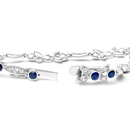 18K White Gold 1 3/4 Cttw Diamond and 3x3mm Round Blue Sapphire Gemstone Floral Link Bracelet (G-H Color, SI1-SI2 Clarity) - Size 7" Bids.com