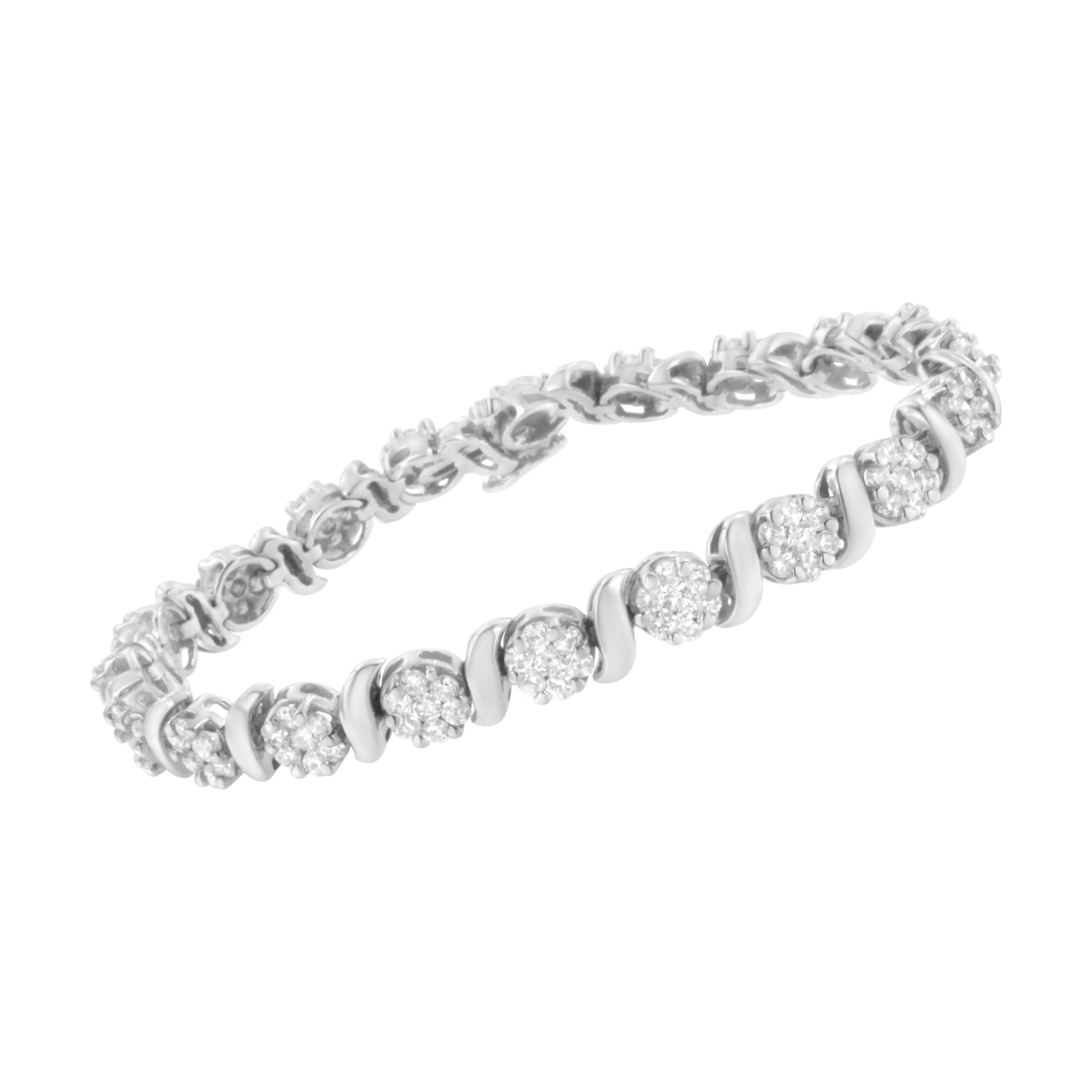 14K White Gold 5 1/4 cttw Diamond S-Link Floral Cluster Tennis Bracelet (I-J Clarity, SI2-I1 Color) - Size 7" Bids.com