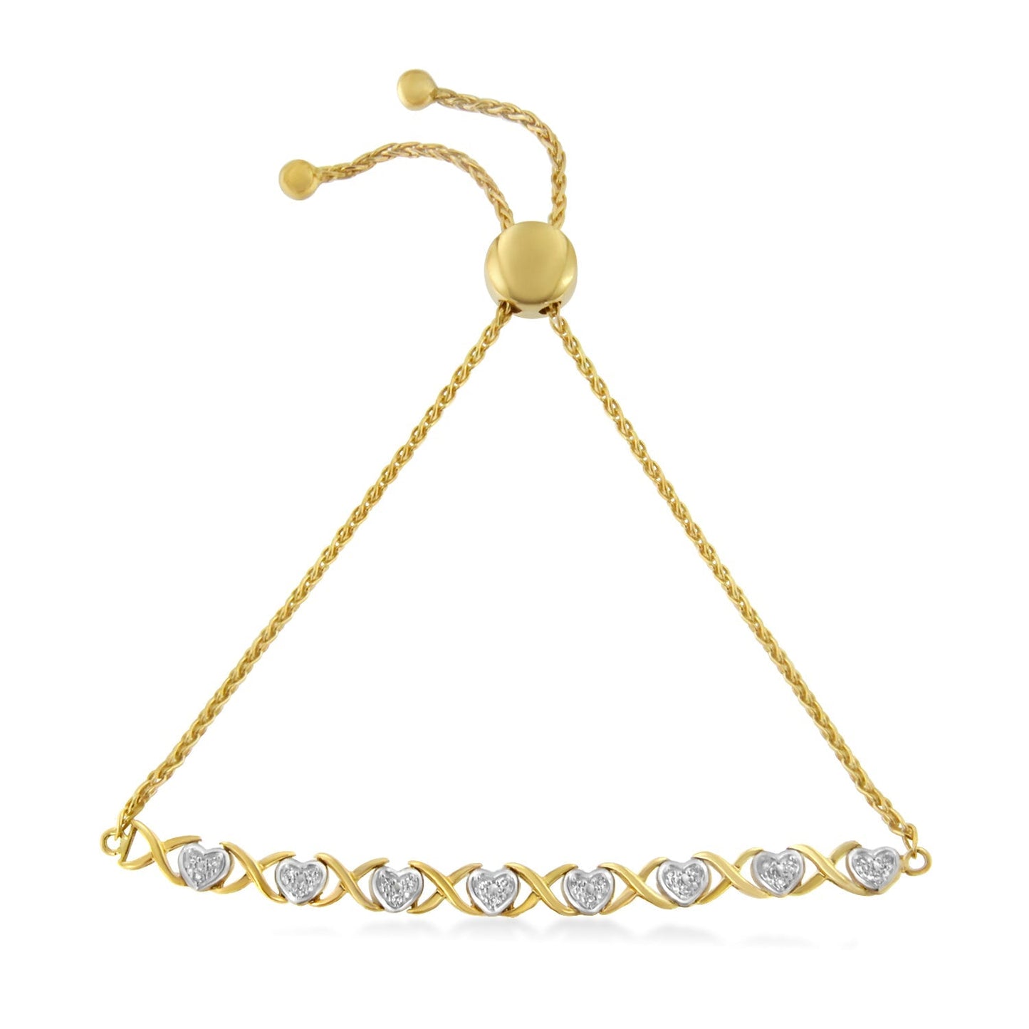10K Yellow Gold over .925 Sterling Silver 1/10 Cttw Diamond Heart and X-Link 6â€-9â€ Adjustable Bolo Bracelet (H-I Color, I2-I3 Clarity) Bids.com