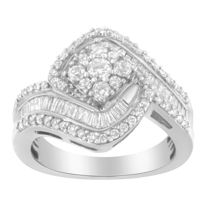 14K White Gold 1 Cttw Baguette and Round Diamond Floral Swirl Cluster Cocktail Ring Bids.com