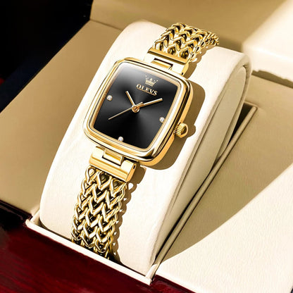 Women's Gold Stainless Steel Rectangular Dress Watch BandsCo Straps
