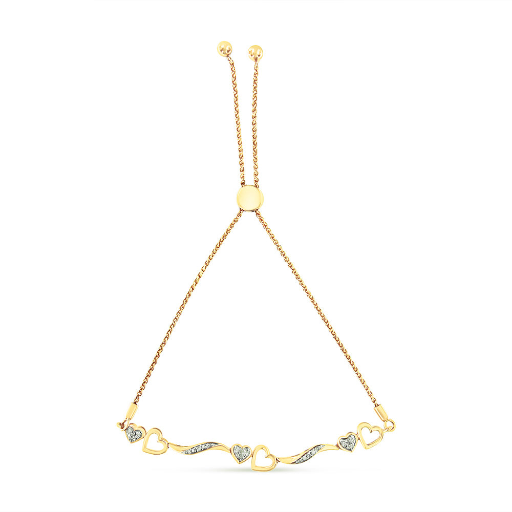 14K Yellow Gold Plated .925 Sterling Silver Diamond Accent Heart and Wave Link Bolo Bracelet (I-J Color, I2-I3 Clarity) - 6" to 9" Adjustable Bids.com