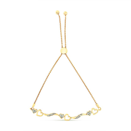 14K Yellow Gold Plated .925 Sterling Silver Diamond Accent Heart and Wave Link Bolo Bracelet (I-J Color, I2-I3 Clarity) - 6" to 9" Adjustable Bids.com