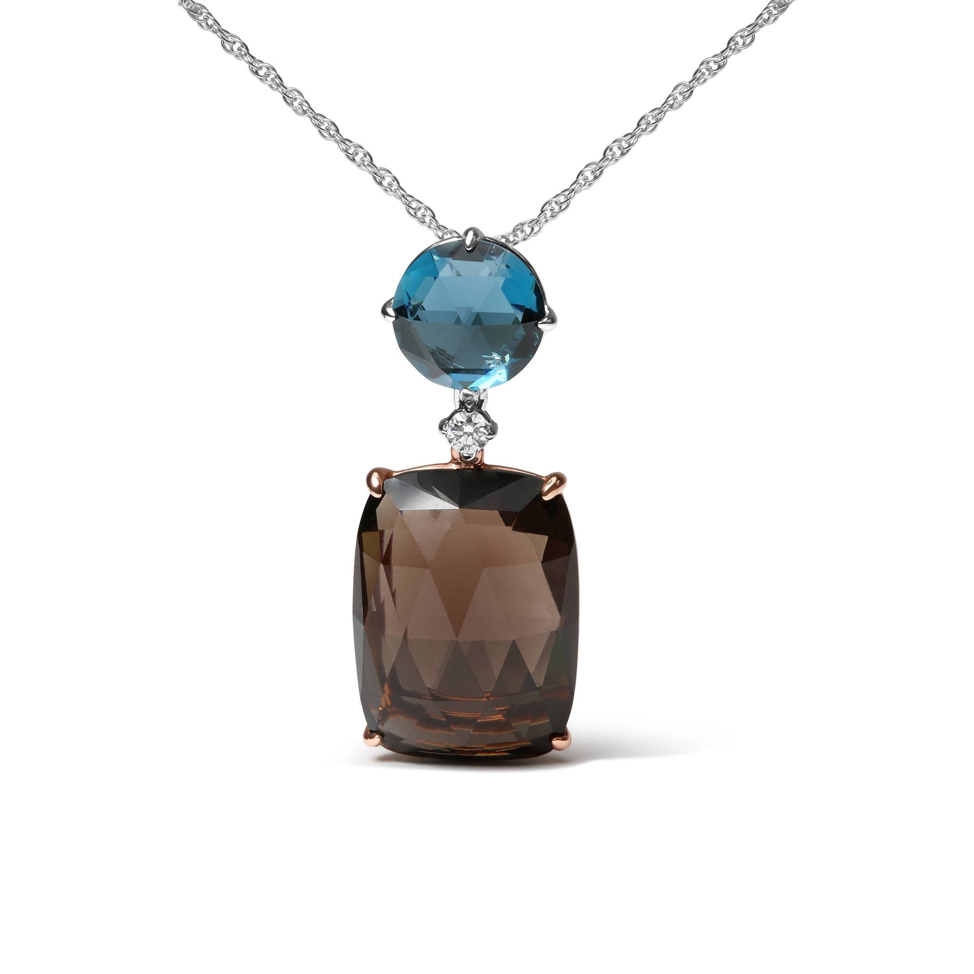 18K Rose and White Gold Diamond Accent and London Blue Topaz and Cushion Cut Smoky Quartz Gemstone Dangle Drop 18" Pendant Necklace (G-H Color, SI1-SI2 Clarity) Bids.com