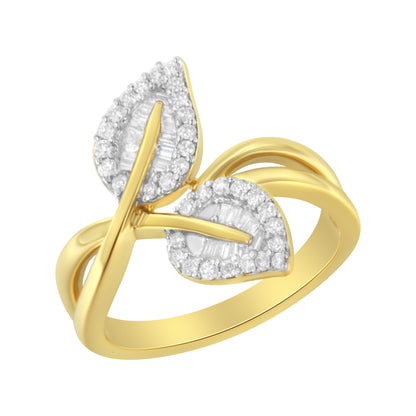 10K Yellow Gold 3/8 Cttw Round and Baguette-Cut Diamond Leaf Cocktail Ring - Size 7 (I-J Color, I1-I2 Clarity) Bids.com