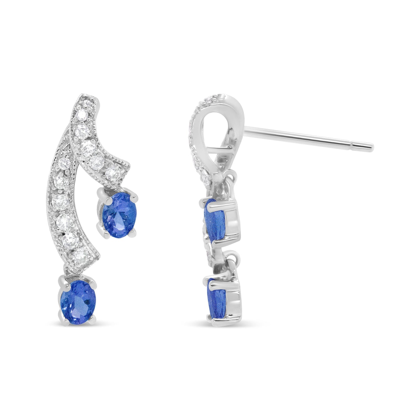 14K White Gold 4x3MM Oval Shaped Natural Blue Tanzanite Gemstone and 1/5 Cttw Diamond Double 3/4" Inch Drop Stud Earrings (H-I Color, VS1-VS2 Clarity) Bids.com