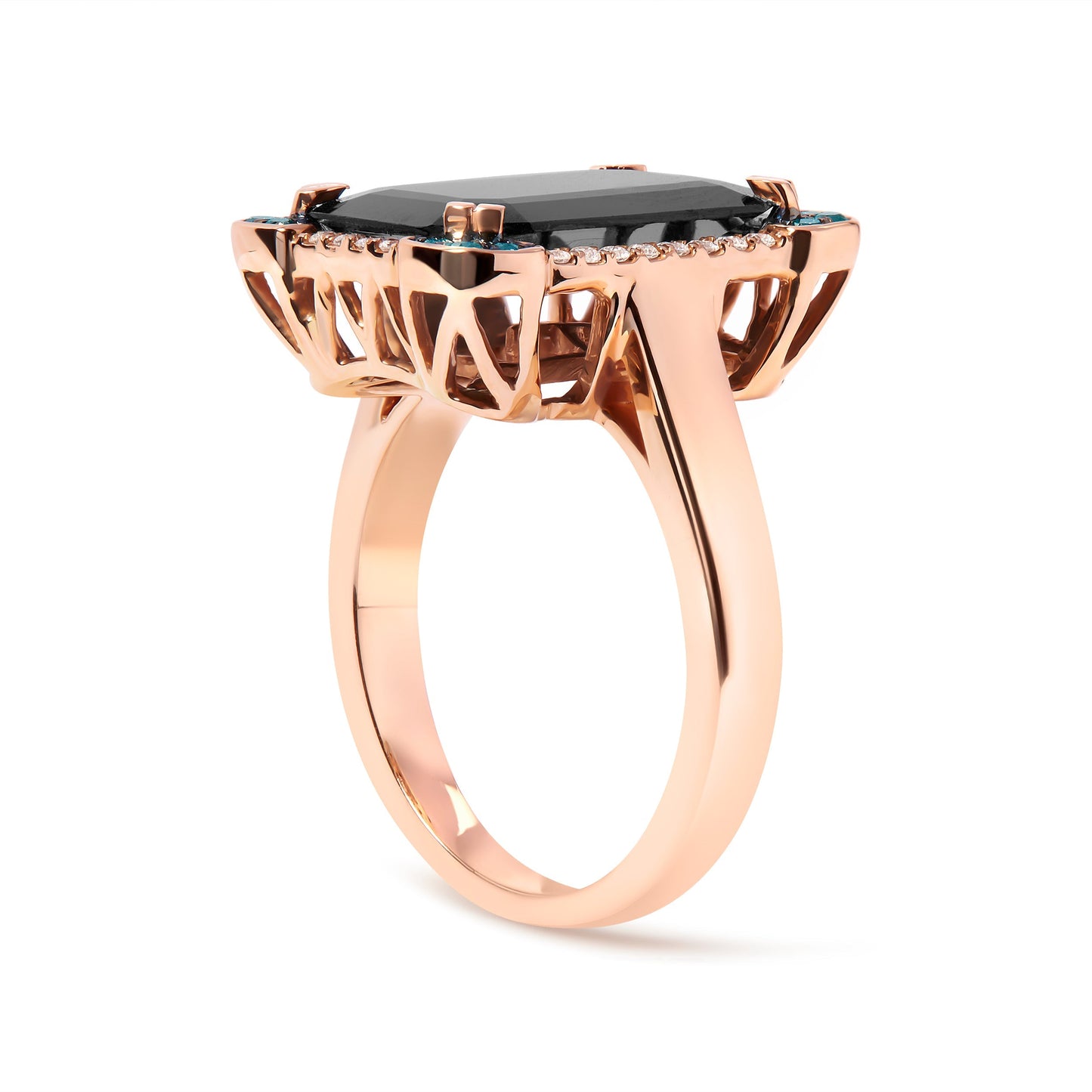 14K Rose Gold 15x10 MM Emerald-Cut Black Onyx and 1/5 Cttw Blue and White Diamond Halo Cocktail Ring (G-H Color, SI1-SI2 Clarity)- Size 7 Bids.com