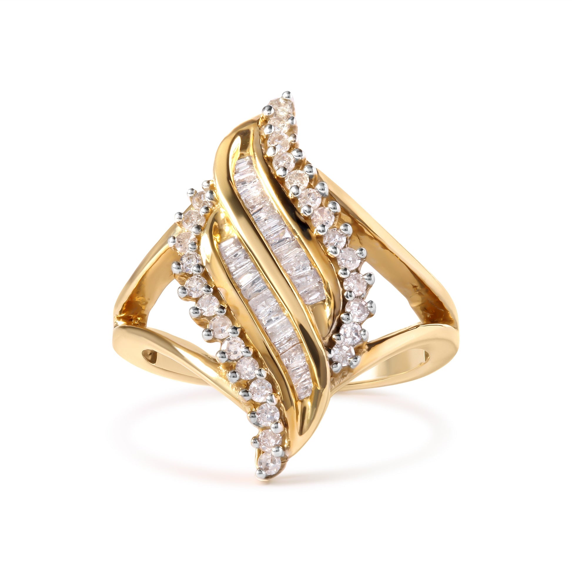 10K Yellow Gold 1/2 Cttw Round and Baguette Cut Diamond Cocktail Ring (H-I Color, I1-I2 Clarity) Bids.com