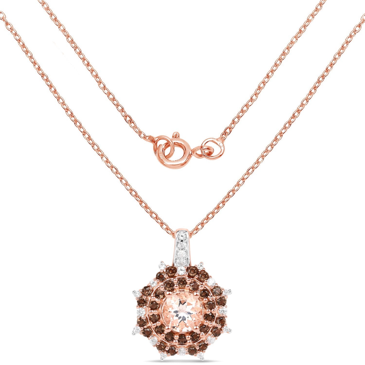 18K Rose Gold Plated 1.61 Carat Genuine Morganite, Smoky Quartz and White Zircon .925 Sterling Silver Pendant Bids.com