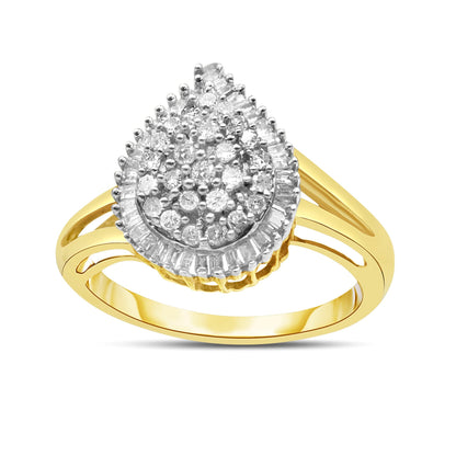 10K Yellow Gold 1/2 Cttw Round and Baguette-Cut Diamond Pear Ring (I-J Color, I1-I2 Clarity) - Size 7 Bids.com