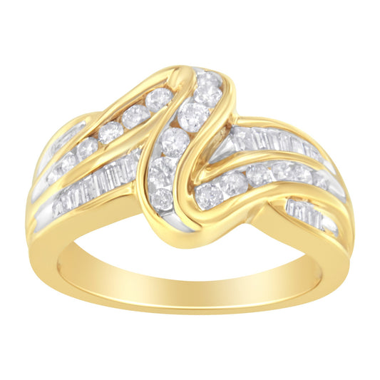 10K Yellow Gold 3/4 Cttw Channel Set Round and Baguette-cut Diamond Double Shank Bypass Ring (J-K Color, I1-I2 Clarity) - Size 6.75 Bids.com