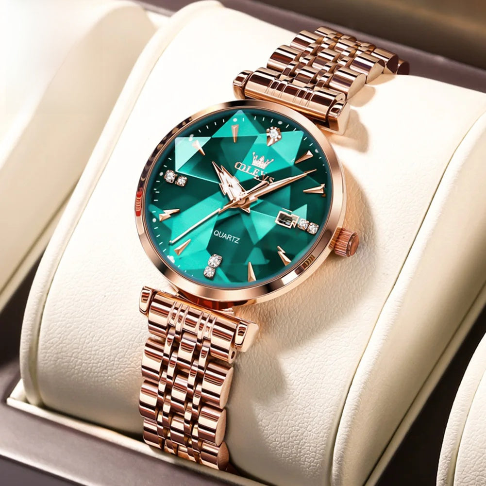 Women's Rose Gold Stainless Steel Watch Blue Dial Zircon BandsCo Straps