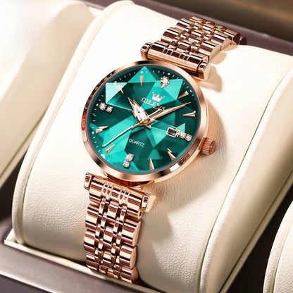 Women's Rose Gold Stainless Steel Watch Blue Dial Zircon BandsCo Straps