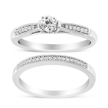 .925 Sterling Silver 1/3 Cttw Diamond Classic Engagement Ring Bridal Set with Milgrain (I-J Color, I3 Clarity) - Ring Size 7 Bids.com