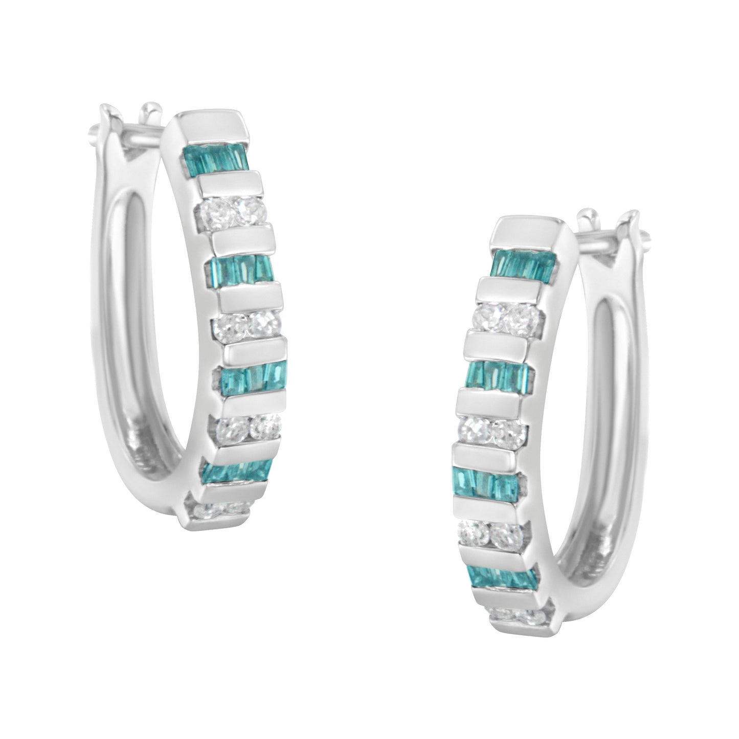 10k White Gold Round and Blue Baguette 1/2 cttw Diamond Hoop Earrings (I-J Color, I2-I3 Clarity) Bids.com