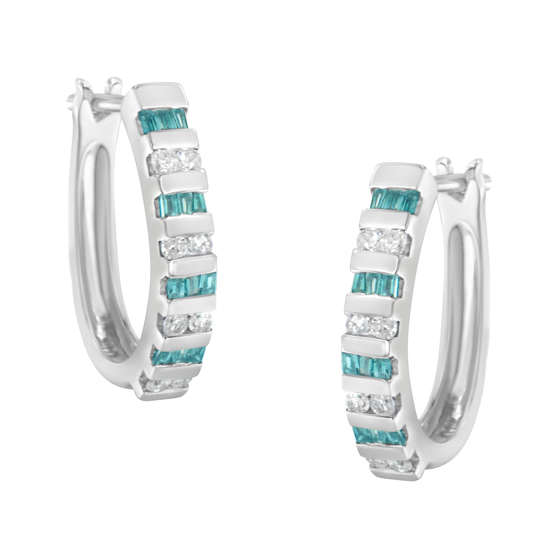 10k White Gold Round and Blue Baguette 1/2 cttw Diamond Hoop Earrings (I-J Color, I2-I3 Clarity) Bids.com