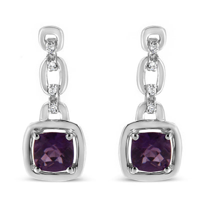 .925 Sterling Silver 6x6MM Cushion Shaped Natural Purple Amethyst and Diamond Accent Drop and Dangle Earrings (I-J Color, I1-I2 Clarity) Bids.com