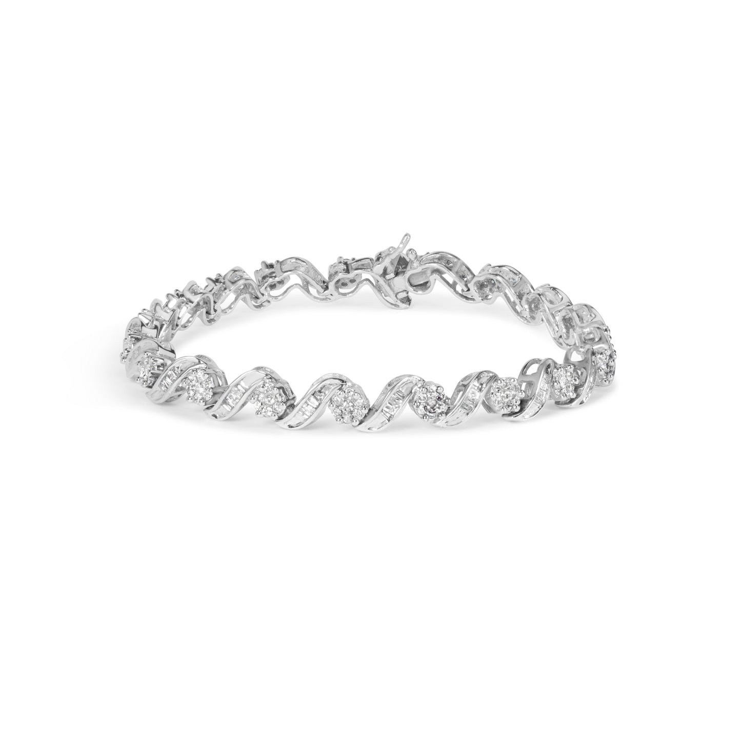 14K White Gold 2.00 Cttw Diamond Cluster and Spiral Link Bracelet (I-J Color, I1-I2 Clarity) - 7" Bids.com