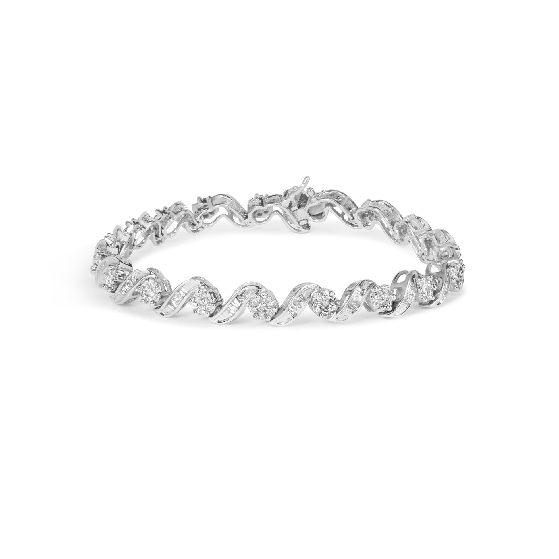 14K White Gold 2.00 Cttw Diamond Cluster and Spiral Link Bracelet (I-J Color, I1-I2 Clarity) - 7" Bids.com
