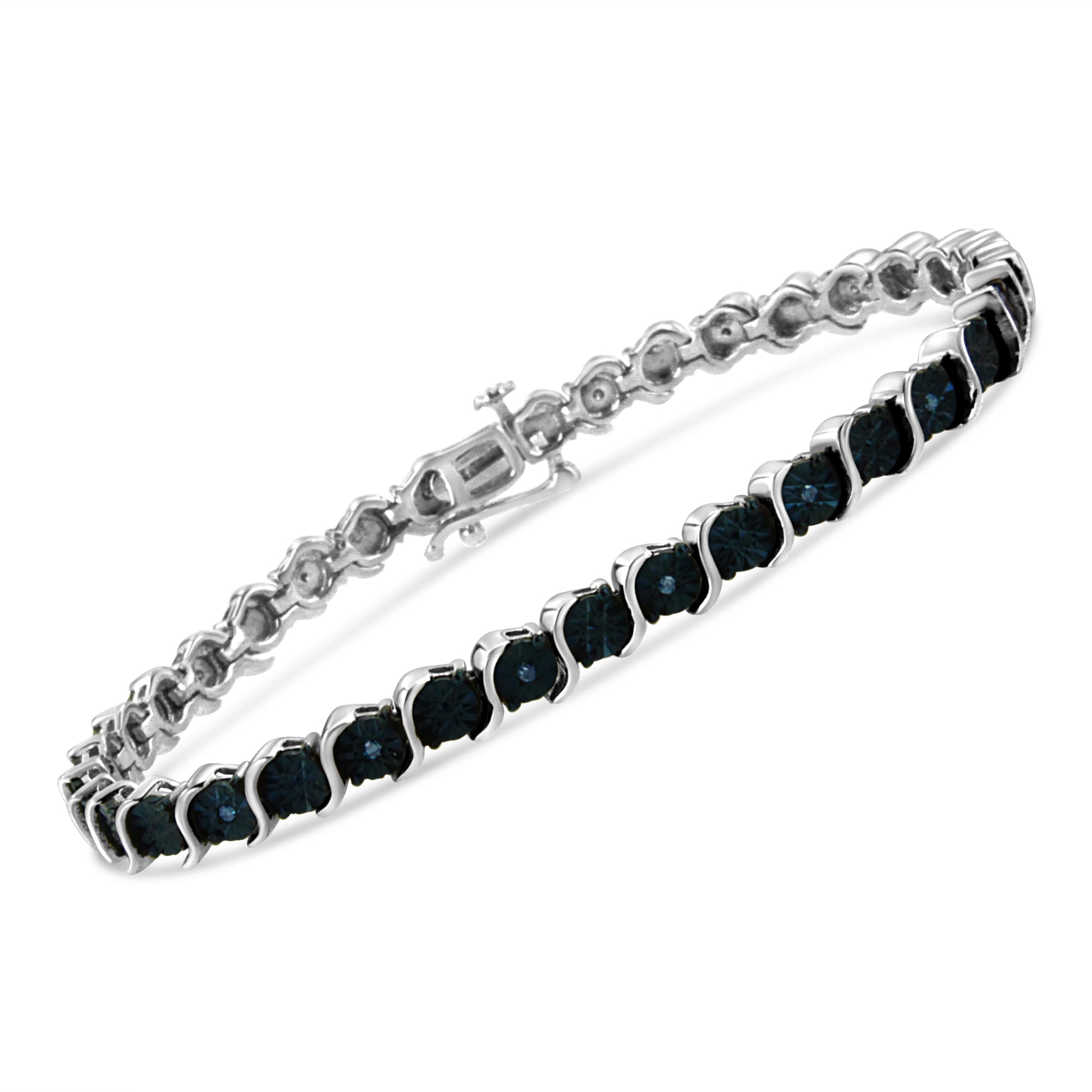 .925 Sterling Silver 1/10 Cttw Miracle-Set Treated Blue Color Diamond Miracle Plate "S" Link Tennis Bracelet (Blue Color, I2- I3 Clarity) - 7.25" Bids.com