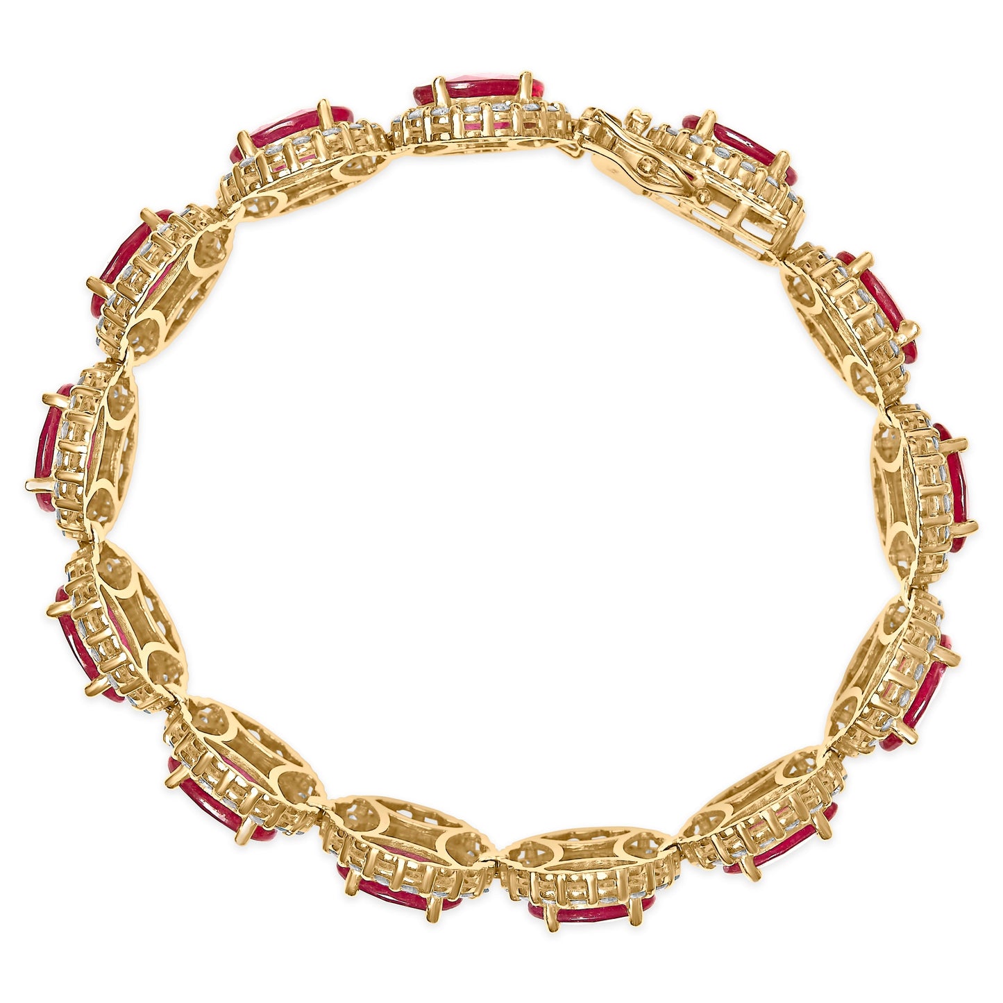 14K Yellow Gold 6 2/5 Cttw Diamond and 34.0 Cttw Oval Red Ruby Halo Link Bracelet (I-J Color, SI1-SI2 Clarity) - 7.25" Inches Bids.com