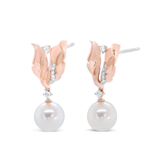 14K Rose Gold 1/6 Cttw Round Diamond and 8mm Round Pearl Floral Drop Stud Earrings (H-I Color, I1-I2 Clarity) Bids.com
