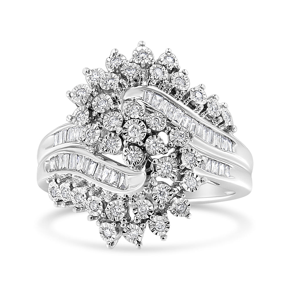 10K White Gold 1/2 Cttw Round and Baguette-Cut "S" Shaped Bypass Cocktail Ring (I-J Color, I1-I2 Clarity) - Size 7 Bids.com