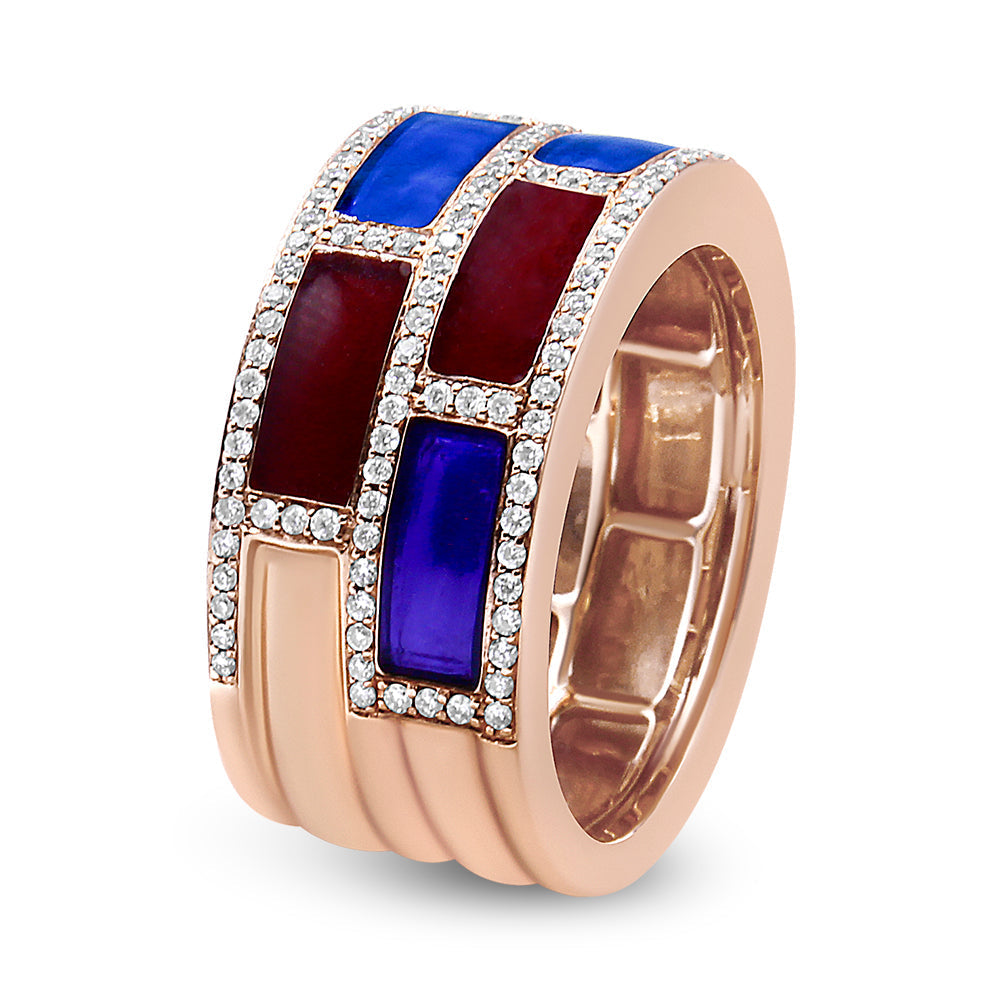 18K Rose Gold Alternating Red and Blue Enamel and 1/2 Cttw Diamond Studded Band Ring (F-G Color, VS1-VS2 Clarity) - Ring Size 7 Bids.com