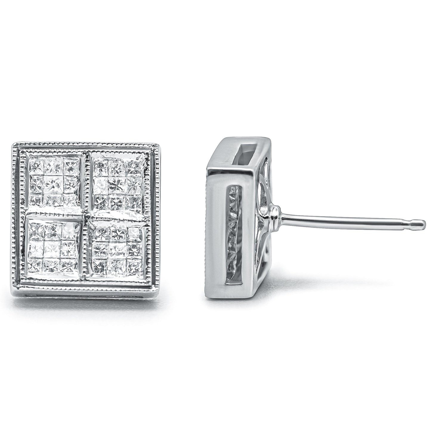14K White Gold 1/2 Cttw Princess Diamond Composite Box Shape Milgrain Stud Earrings (H-I Color, SI1-SI2 Clarity) Bids.com