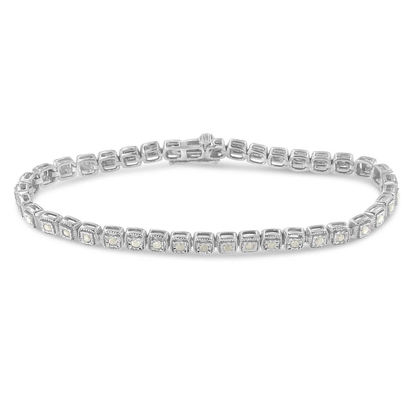 .925 Sterling Silver 1.0 Cttw Diamond Miracle-Set Square Milgrain 7" Link Tennis Bracelet (I-J Color, I3 Clarity) Bids.com