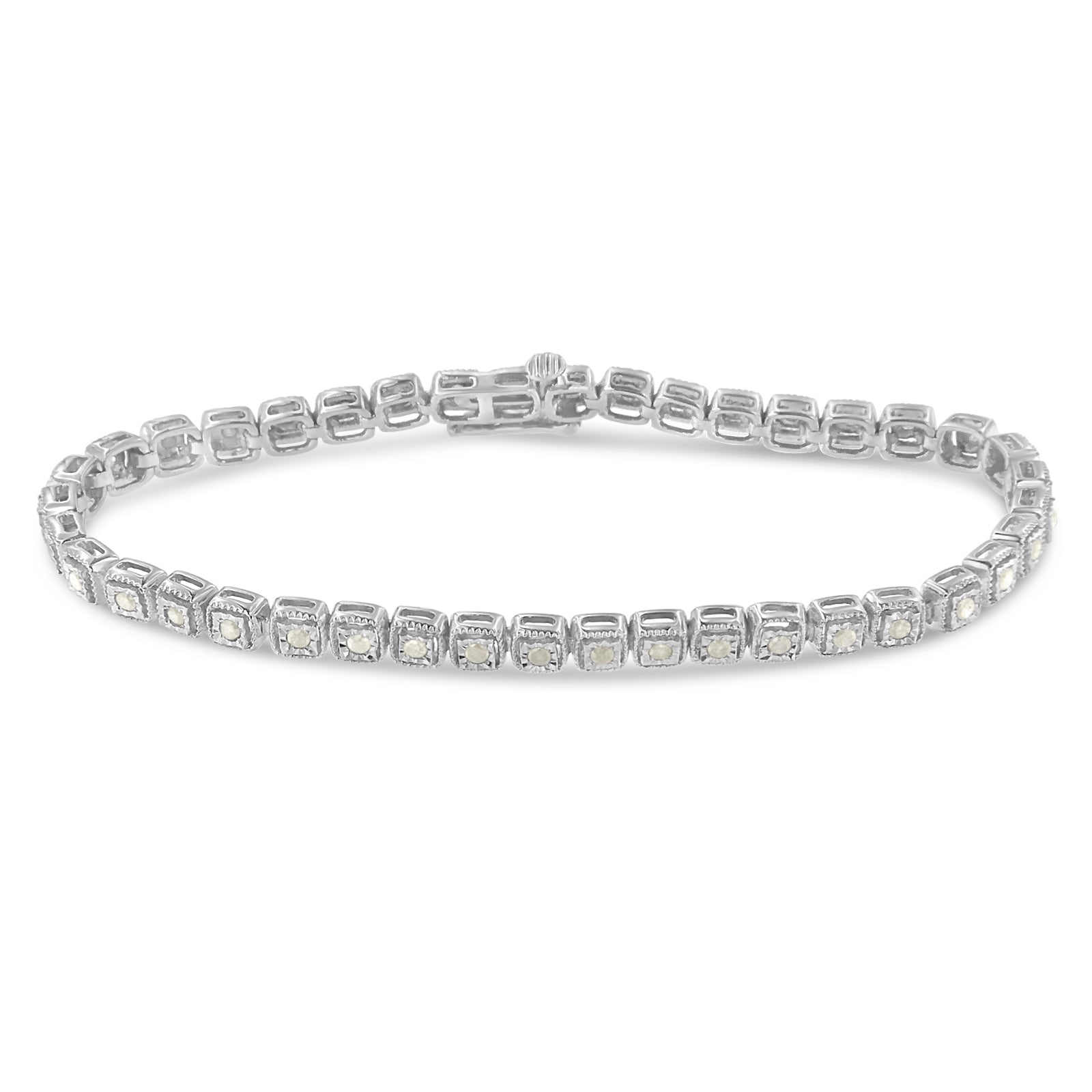 .925 Sterling Silver 1.0 Cttw Diamond Miracle-Set Square Milgrain 7" Link Tennis Bracelet (I-J Color, I3 Clarity) Bids.com
