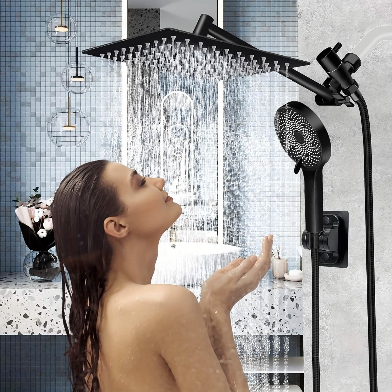 High Pressure Rainfall & Handheld Shower Head – Adjustable, Chrome/Black DailySale