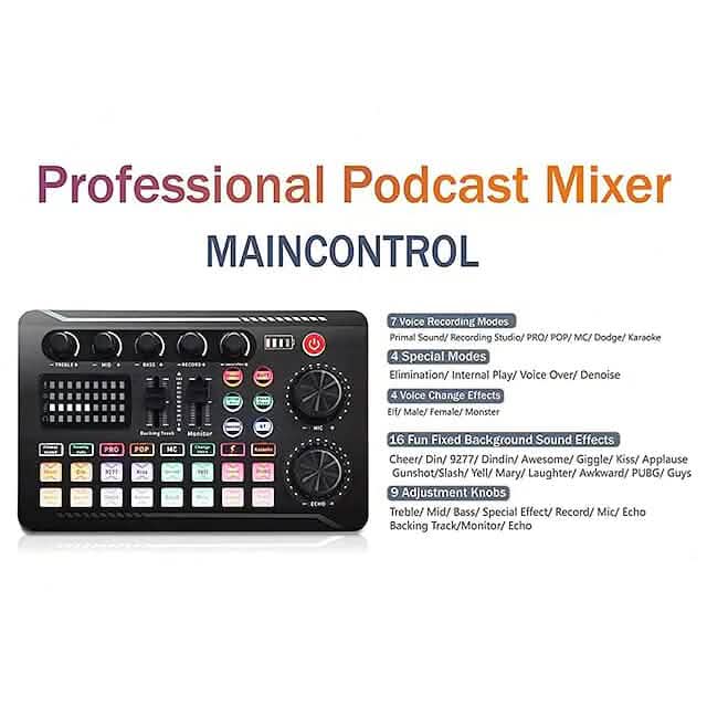 F998 Live Sound Card Audio Mixer Podcast Audio Interface with DJ Mixer Effects DailySale
