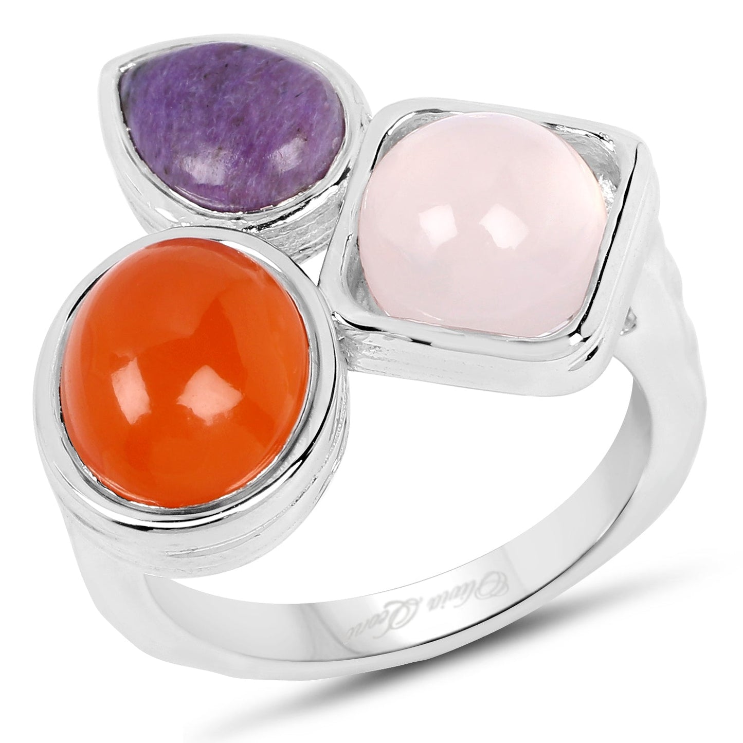 5.21 Carat Genuine Rose Quartz, Carnelian And Charolite .925 Sterling Silver Ring Bids.com