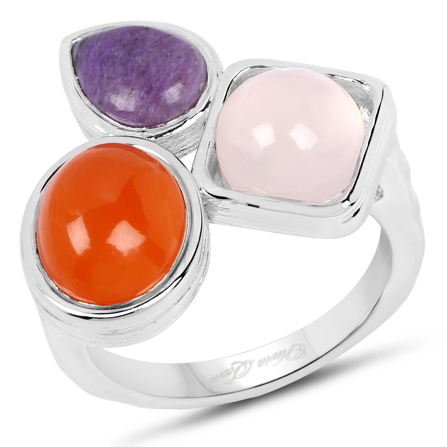 5.21 Carat Genuine Rose Quartz, Carnelian And Charolite .925 Sterling Silver Ring Bids.com