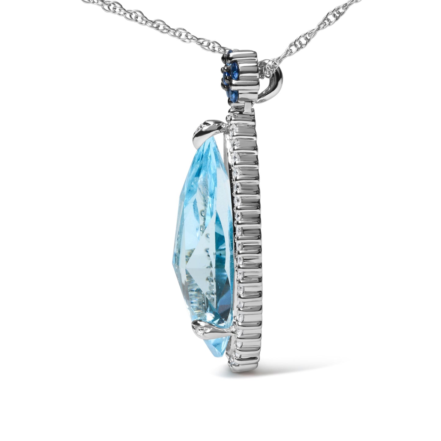 18K White Gold 3/8 Cttw Pave Set Diamond and Sky Blue Topaz and Blue Sapphire Gemstone Floral Teardrop Halo 18" Pendant Necklace (G-H Color, SI2-I1 Clarity) Bids.com