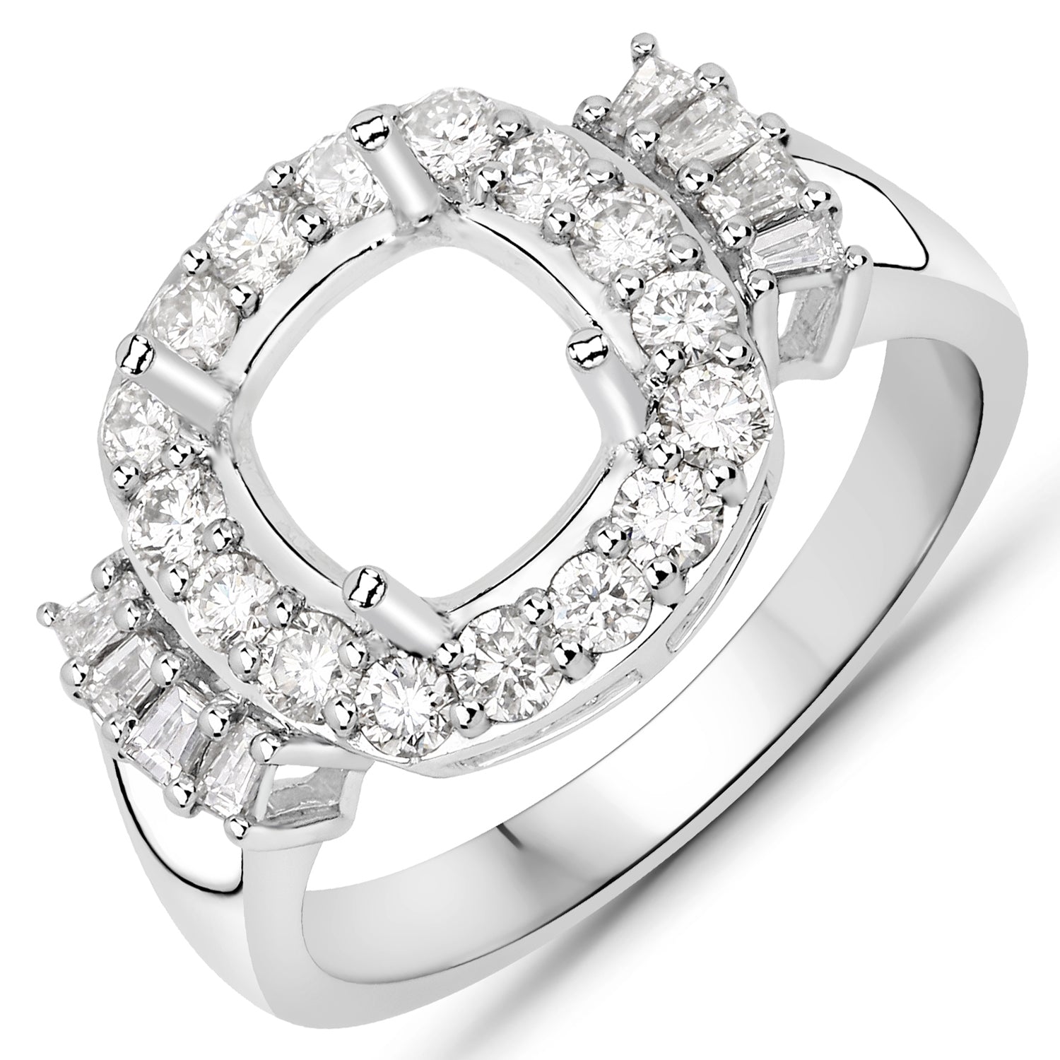 0.73 Carat Genuine White Diamond 14K White Gold Semi Mount Ring - holds 8x8mm Cushion Gemstone Bids.com