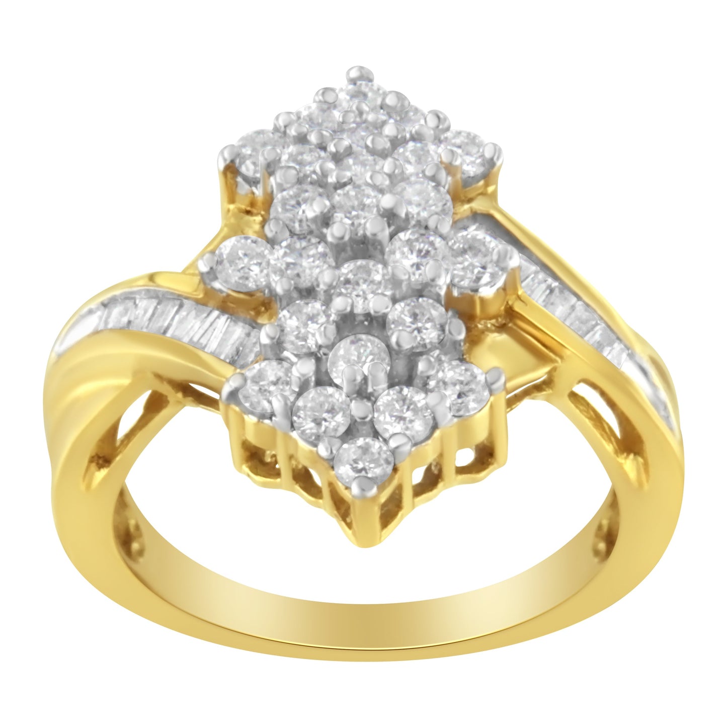 10K Yellow Gold Round And Baguette Cut Diamond Cluster Ring (1 1/10 Cttw, H-I Color, SI2-I1 Clarity) - Size 7 Bids.com