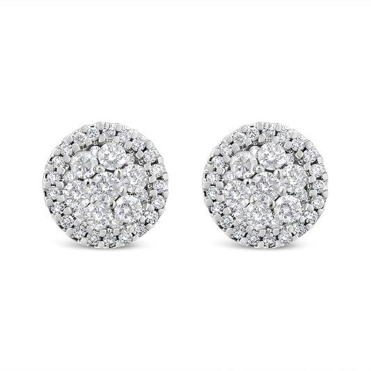 14K White Gold 1.0 Cttw Brilliant-Cut Diamond Halo-Style Cluster Round Button Stud Earrings (H-I Color, I1-I2 Clarity) Bids.com
