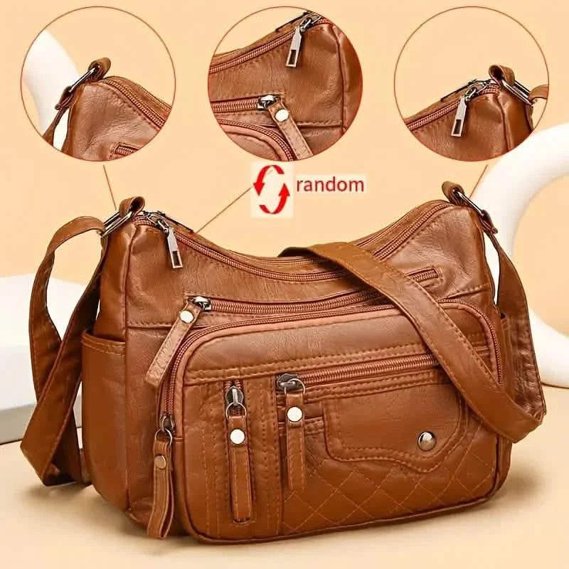 Fashion Multi Zipper Crossbody Bag, Soft Vegan Leather Shoulder Bag, Women's Multi Pockets Handbag Purse DailySale