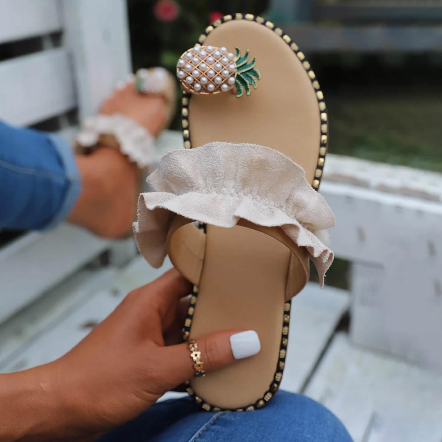 Faux Pearl & Pineapple Decor Toe Post Thong Sandals DailySale