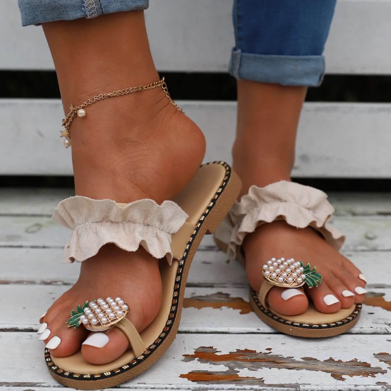 Faux Pearl & Pineapple Decor Toe Post Thong Sandals DailySale