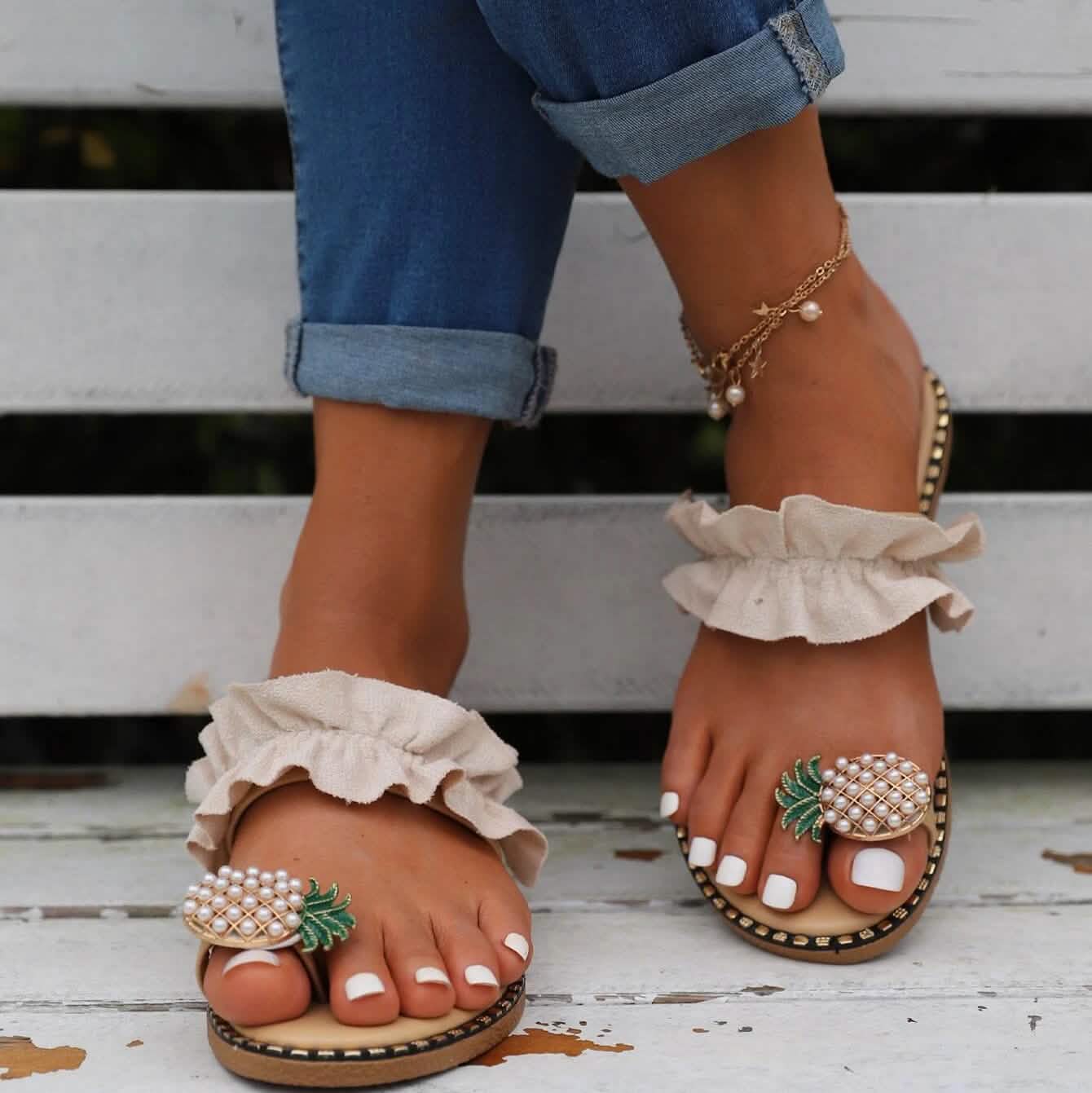 Faux Pearl & Pineapple Decor Toe Post Thong Sandals DailySale
