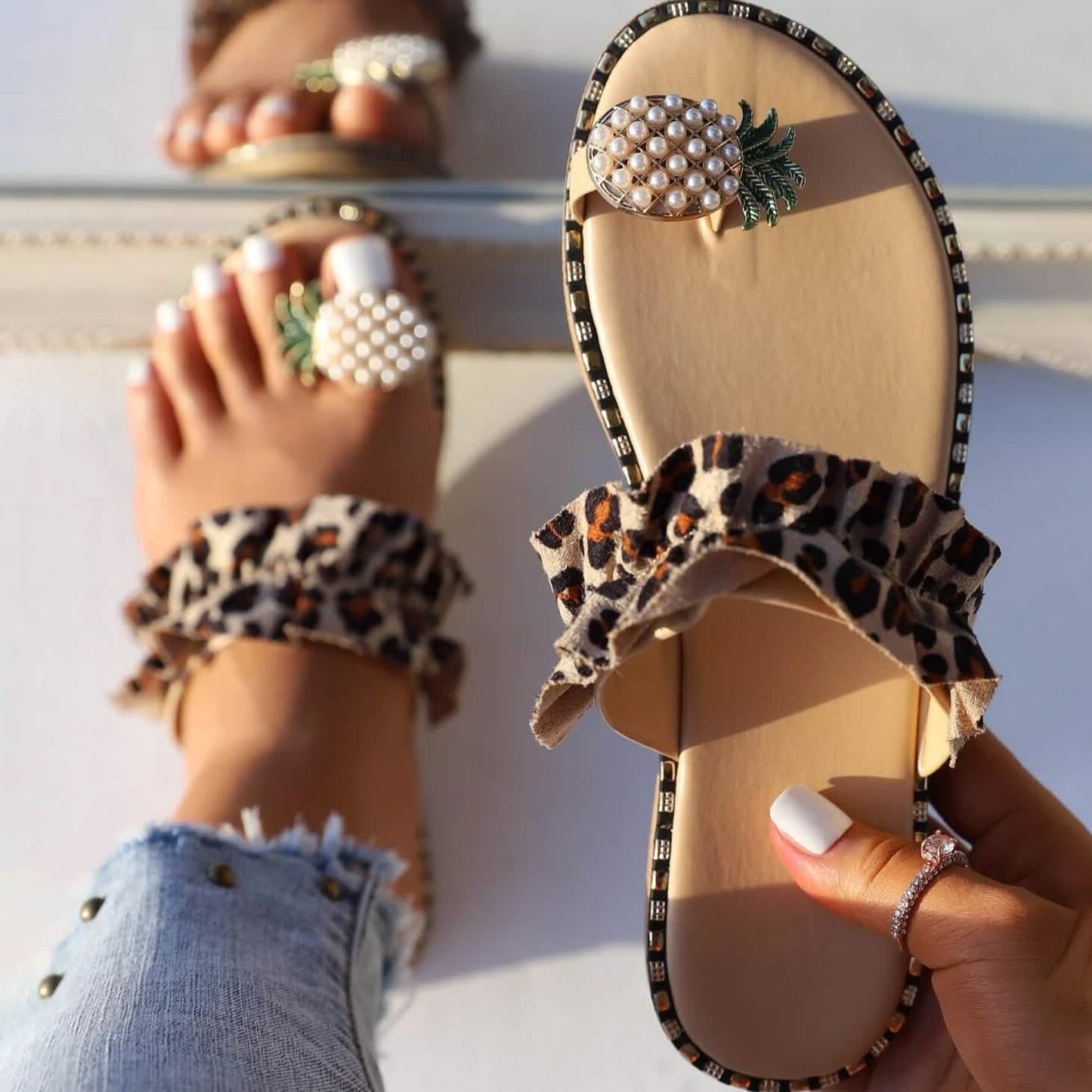 Faux Pearl & Pineapple Decor Toe Post Thong Sandals DailySale