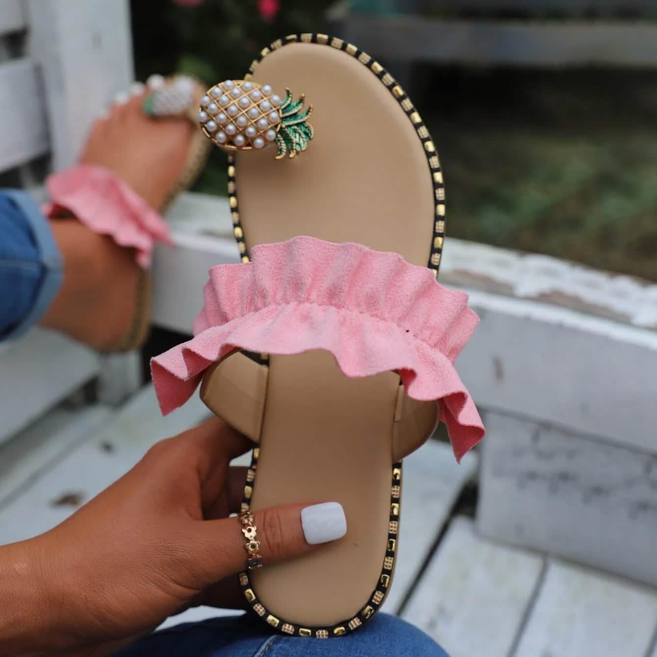 Faux Pearl & Pineapple Decor Toe Post Thong Sandals DailySale