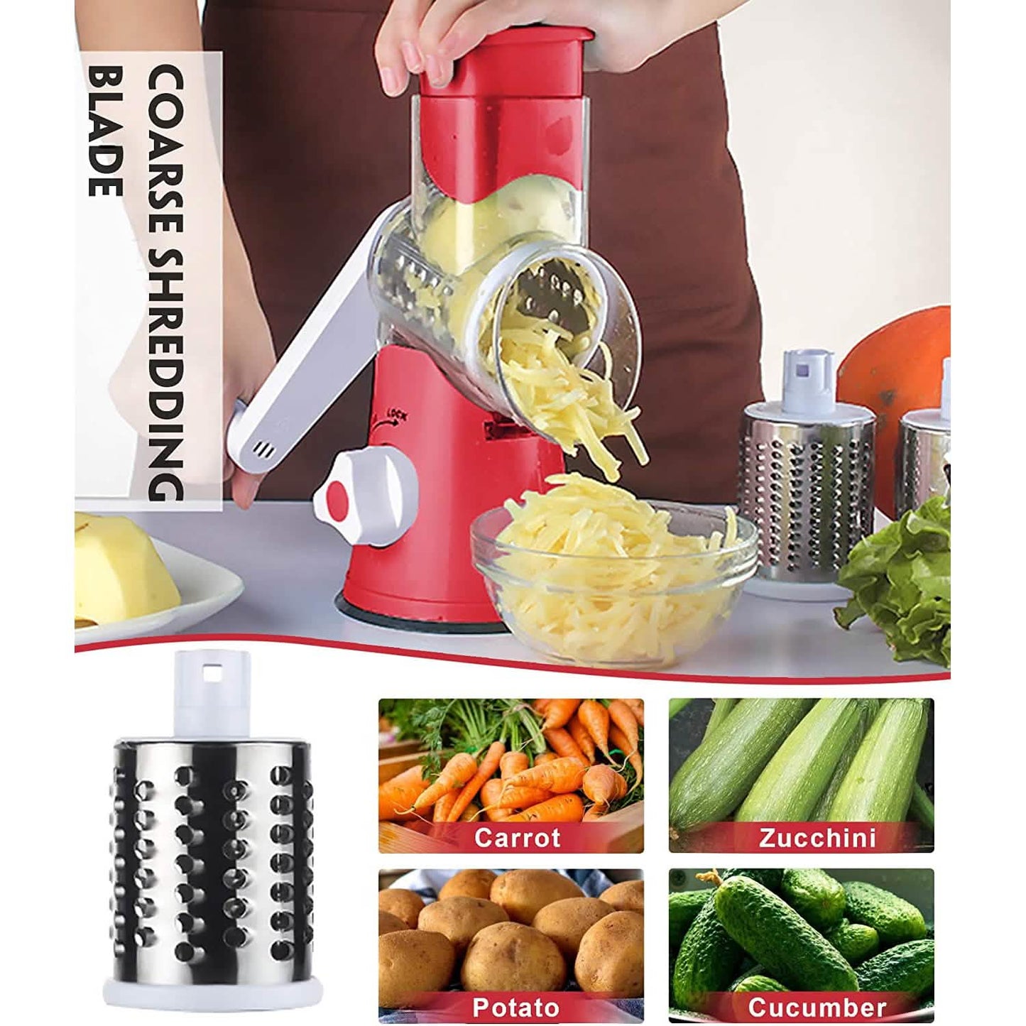 FAVIA Rotary Cheese Grater with Handle - Food Shredder with 3 Stainless Steel Drum Blades DailySale